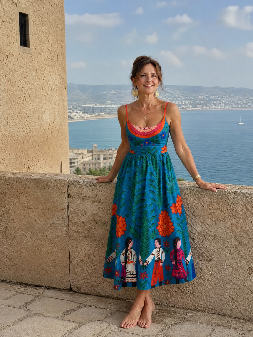 Xylienne | Vestido Midi sin Mangas con Estampado Folk