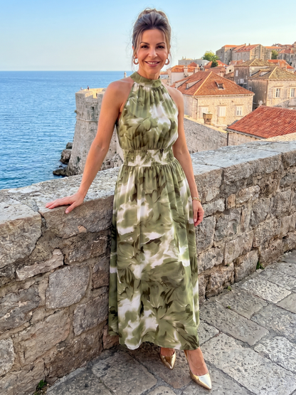 Olivia | Vestido midi de cintura fruncida con estampado abstracto