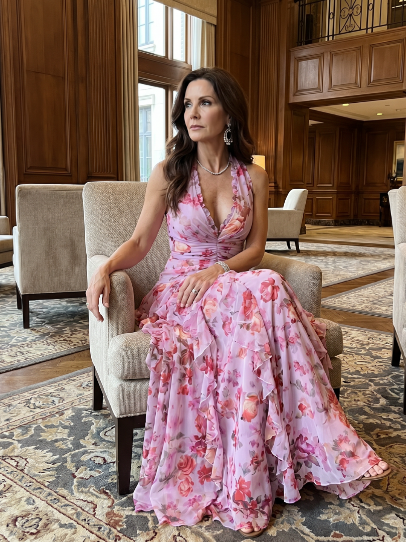 Nori | Vestido maxi floral con escote halter y corpiño fruncido