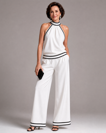 Zephyrine | Enterizo Halter con Ribete en Contraste y Piernas Anchas