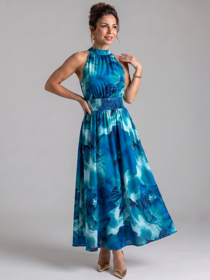 Olivia | Vestido midi de cintura fruncida con estampado abstracto