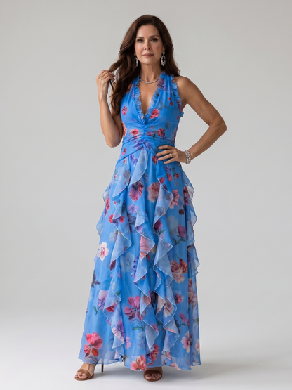 Nori | Vestido maxi floral con escote halter y corpiño fruncido