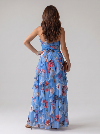 Nori | Vestido maxi floral con escote halter y corpiño fruncido