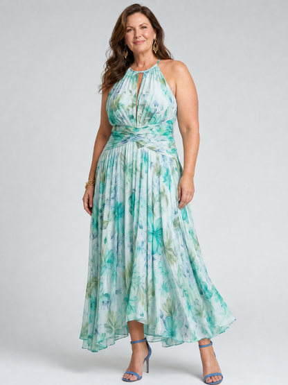 Portia | Vestido midi plisado con escote halter de estampado floral suave
