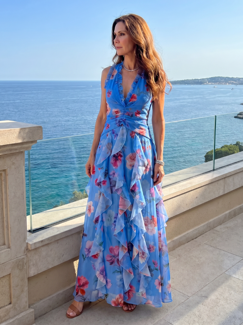 Nori | Vestido maxi floral con escote halter y corpiño fruncido