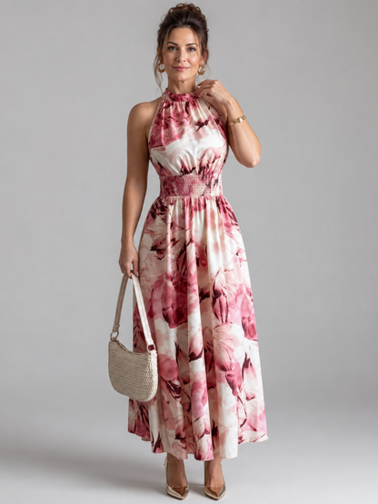 Olivia | Vestido midi de cintura fruncida con estampado abstracto