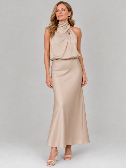Nopal | Vestido midi sin mangas con escote drapeado