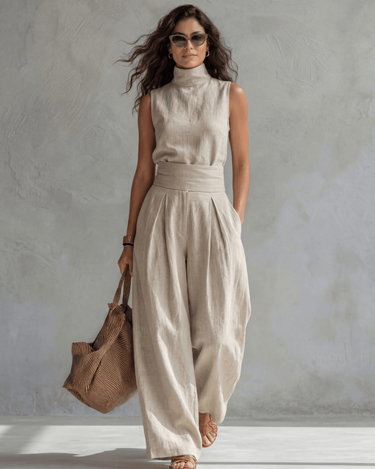 Maria | Conjunto Top y Pantalón Ancho Algodón Lino - SC