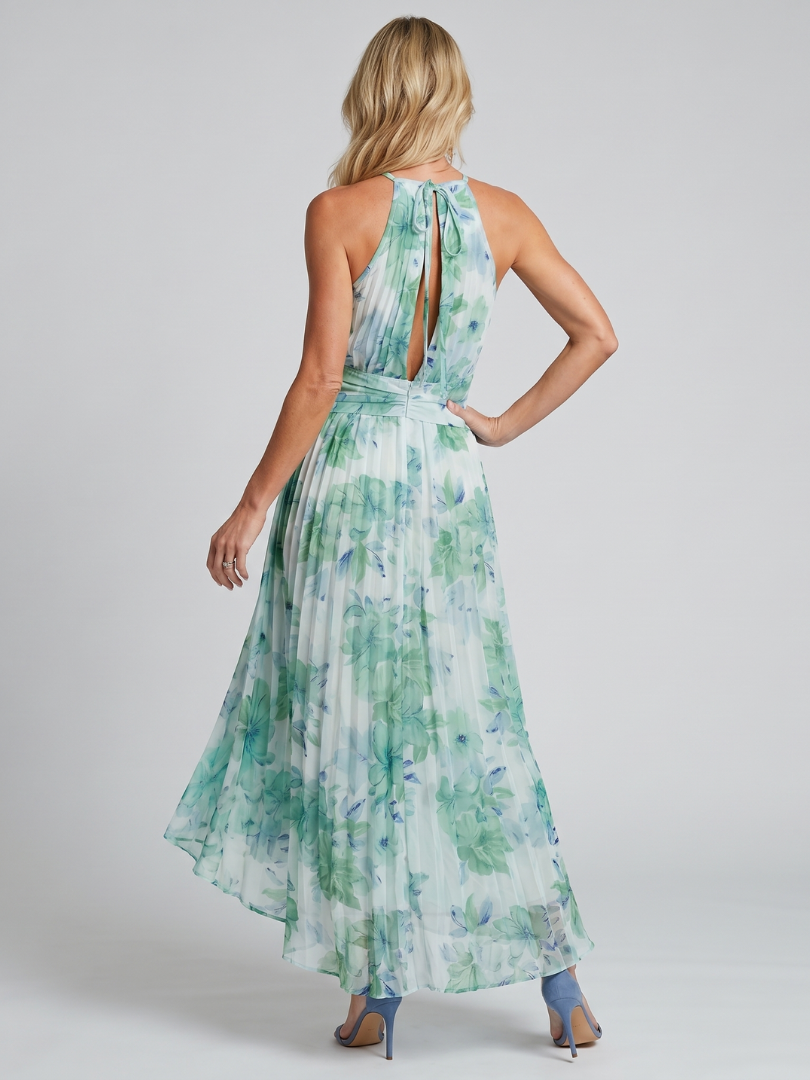 Portia | Vestido midi plisado con escote halter de estampado floral suave