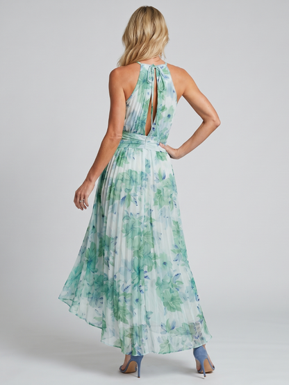 Portia | Vestido midi plisado con escote halter de estampado floral suave