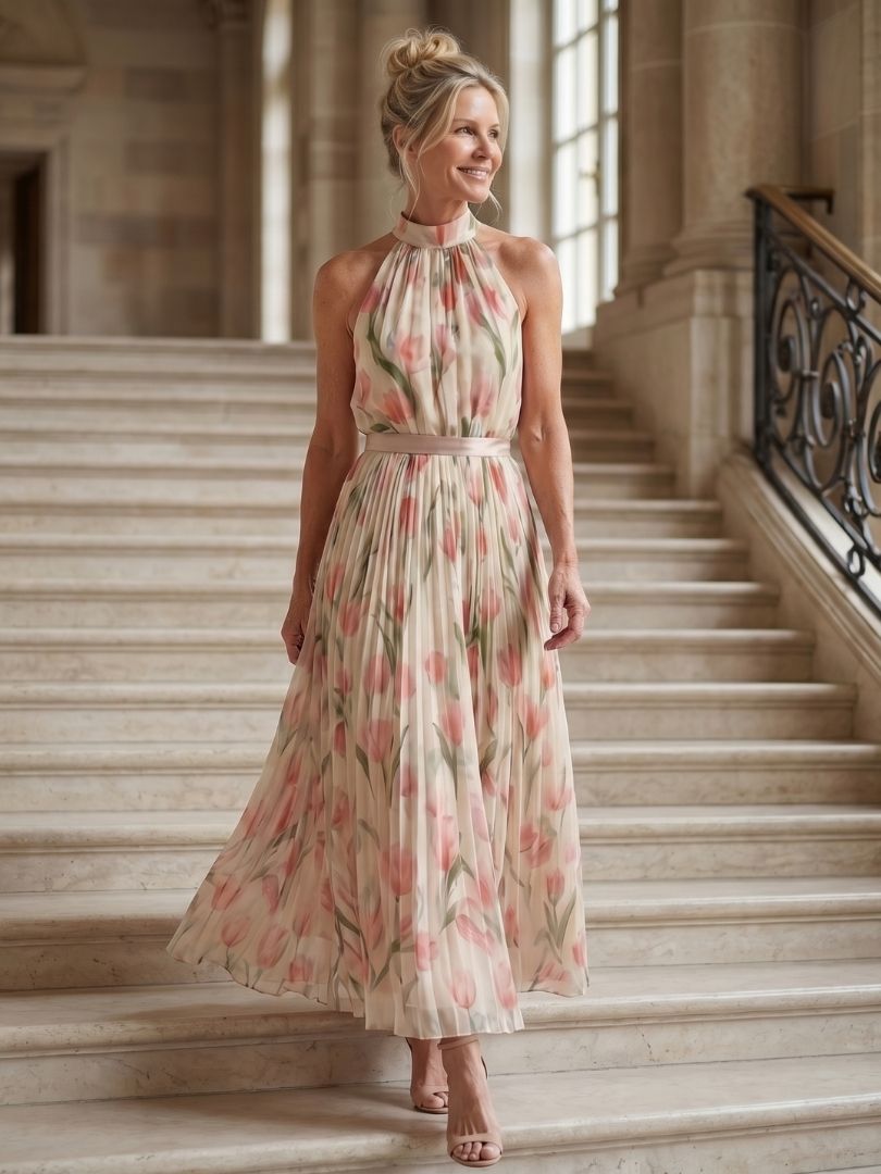 Aurelle | Vestido midi floral con escote halter