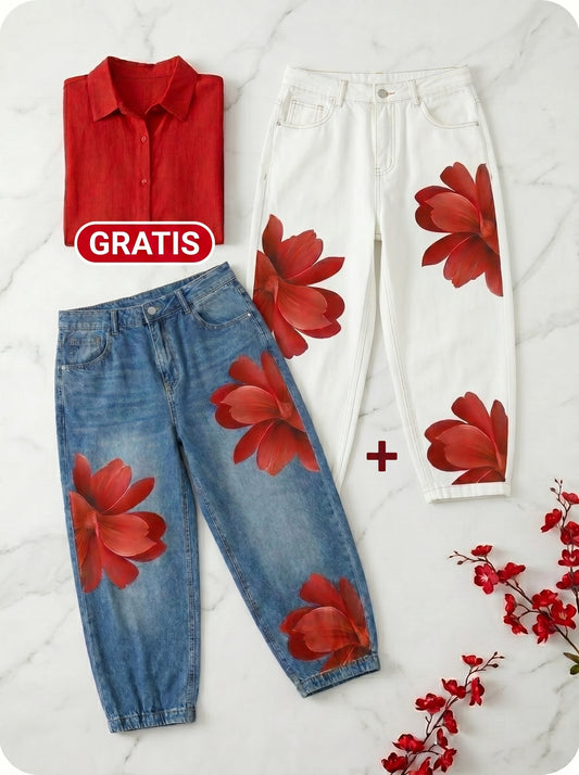 PACK FLORA COLORS | Juego de Jeans Azules y Jeans Blancos  + Camisa GRATIS