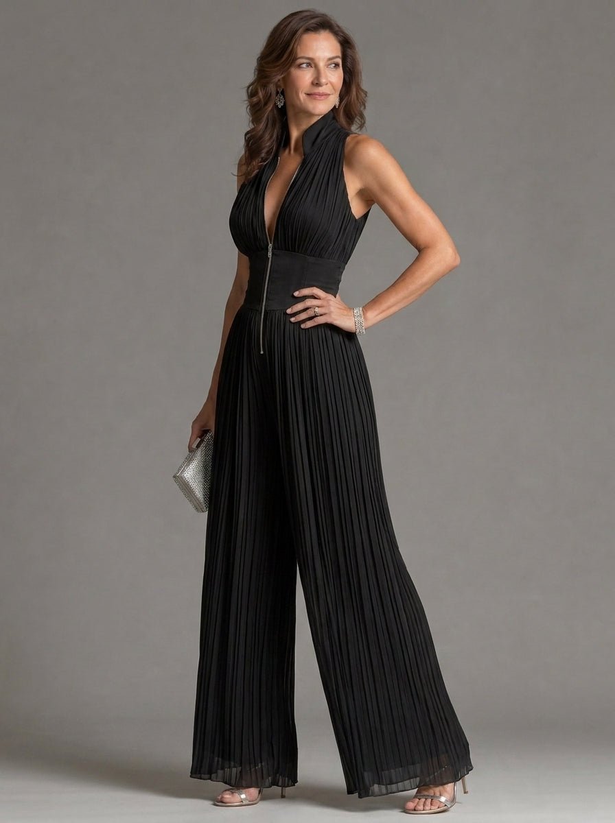 Zakira | Jumpsuit Negro con Escote Halter y Pierna Ancha - SC